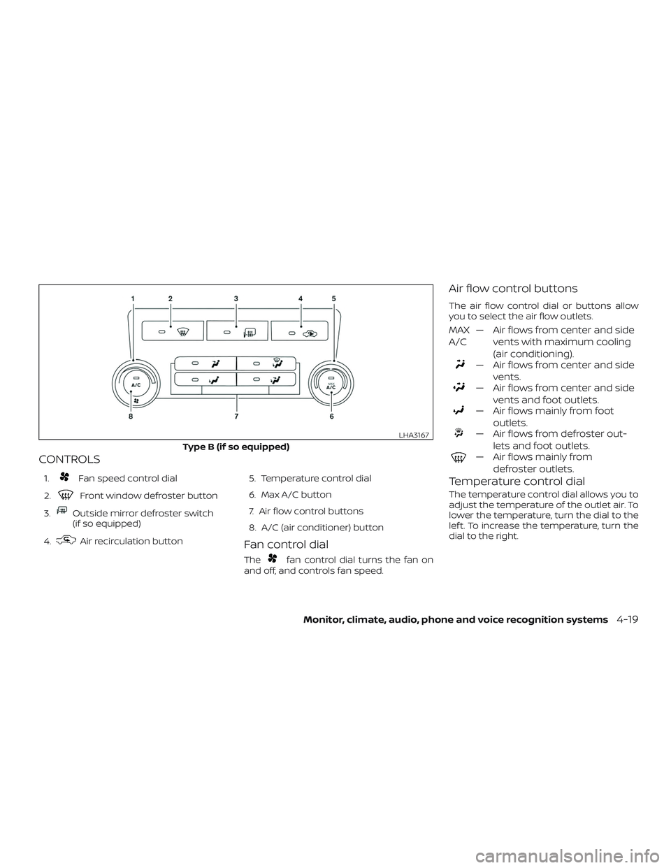 NISSAN FRONTIER 2018  Owner´s Manual CONTROLS
1.Fan speed control dial
2.
Front window defroster button
3.
Outside mirror defroster switch
(if so equipped)
4.
Air recirculation button 5. Temperature control dial
6. Max A/C button
7. Air 