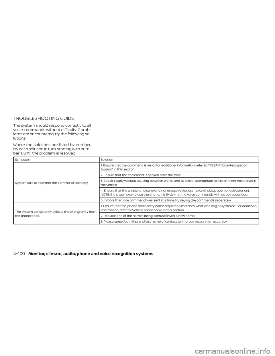 NISSAN FRONTIER 2018 Owner´s Manual TROUBLESHOOTING GUIDE
The system should respond correctly to all
voice commands without difficulty. If prob-
lems are encountered, try the following so-
lutions.
Where the solutions are listed by numb NISSAN FRONTIER 2018 Owner´s Manual TROUBLESHOOTING GUIDE
The system should respond correctly to all
voice commands without difficulty. If prob-
lems are encountered, try the following so-
lutions.
Where the solutions are listed by numb