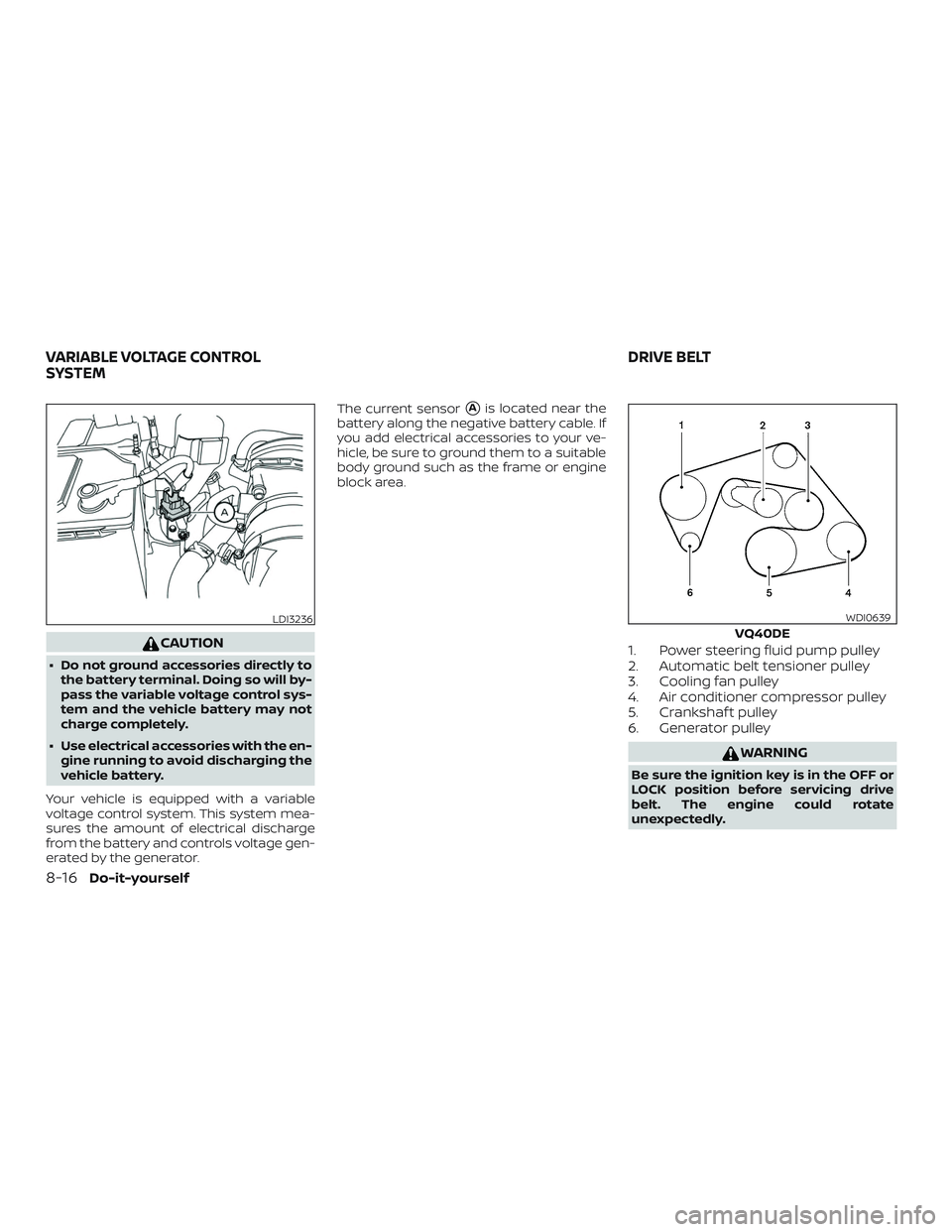 NISSAN FRONTIER 2018  Owner´s Manual CAUTION
∙ Do not ground accessories directly tothe battery terminal. Doing so will by-
pass the variable voltage control sys-
tem and the vehicle battery may not
charge completely.
∙ Use electrica