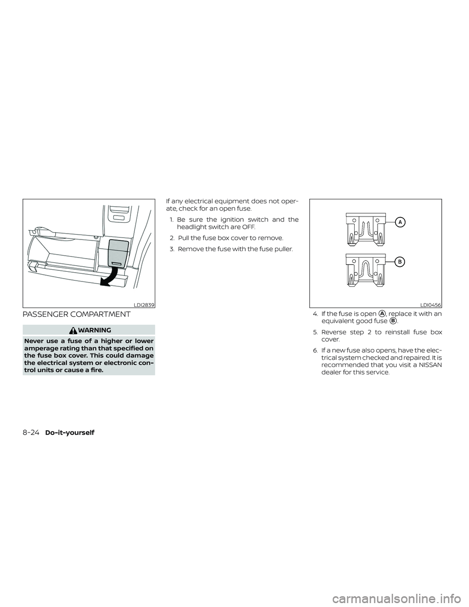 NISSAN FRONTIER 2018  Owner´s Manual PASSENGER COMPARTMENT
WARNING
Never use a fuse of a higher or lower
amperage rating than that specified on
the fuse box cover. This could damage
the electrical system or electronic con-
trol units or 