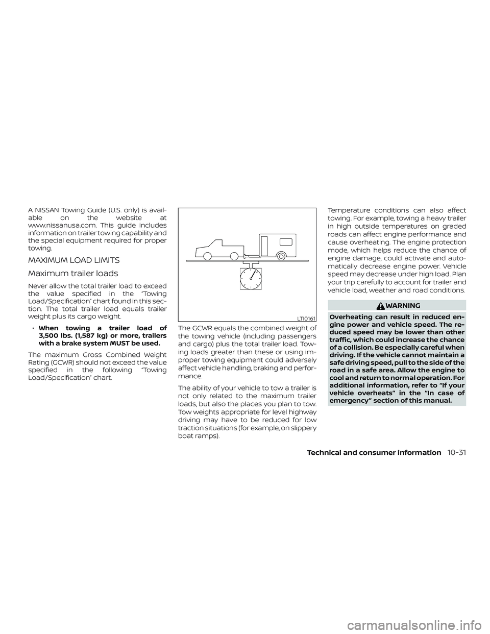 NISSAN FRONTIER 2018 Owner´s Manual A NISSAN Towing Guide (U.S. only) is avail-
able on the website at
www.nissanusa.com. This guide includes
information on trailer towing capability and
the special equipment required for proper
towing. NISSAN FRONTIER 2018 Owner´s Manual A NISSAN Towing Guide (U.S. only) is avail-
able on the website at
www.nissanusa.com. This guide includes
information on trailer towing capability and
the special equipment required for proper
towing.