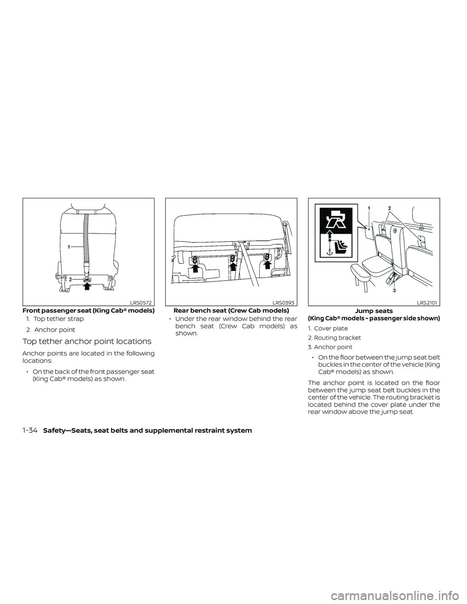 NISSAN FRONTIER 2018 Owner´s Manual 1. Top tether strap
2. Anchor point
Top tether anchor point locations
Anchor points are located in the following
locations:∙ On the back of the front passenger seat (King Cab® models) as shown. ∙ NISSAN FRONTIER 2018 Owner´s Manual 1. Top tether strap
2. Anchor point
Top tether anchor point locations
Anchor points are located in the following
locations:∙ On the back of the front passenger seat (King Cab® models) as shown. ∙