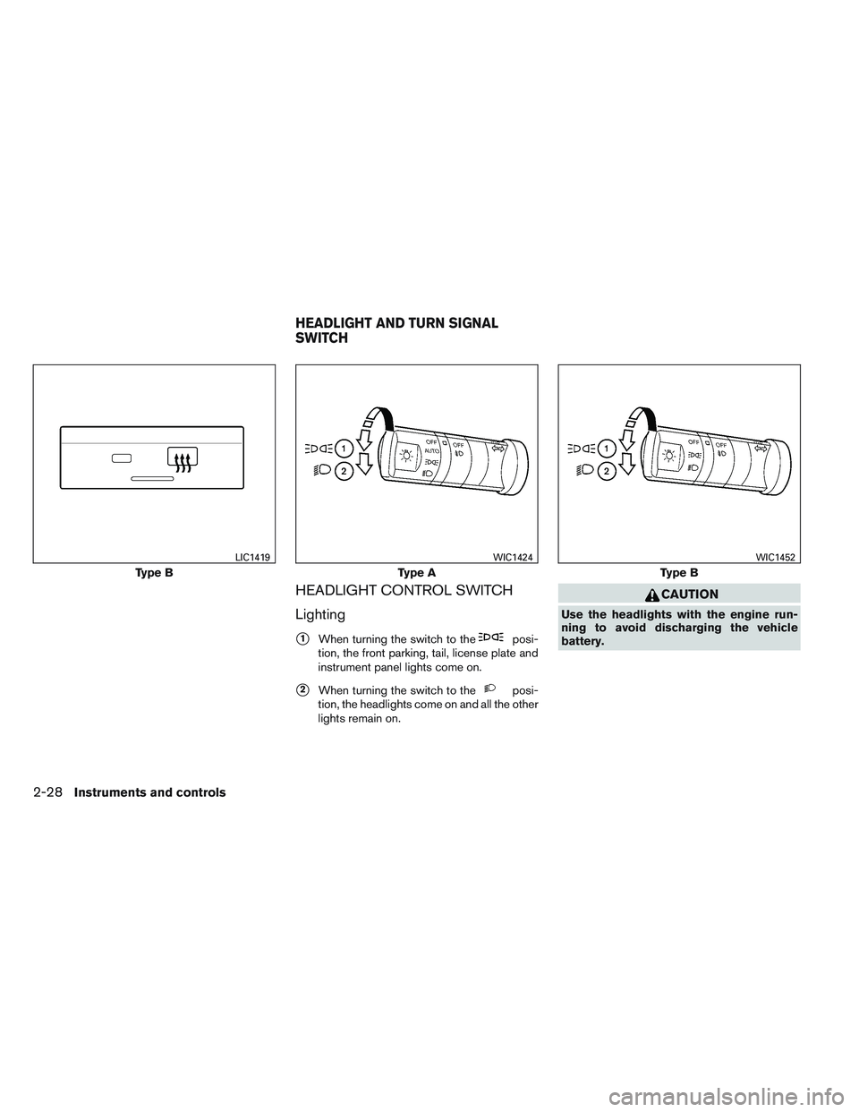 NISSAN FRONTIER 2012  Owner´s Manual HEADLIGHT CONTROL SWITCH
Lighting
1When turning the switch to theposi-
tion, the front parking, tail, license plate and
instrument panel lights come on.
2When turning the switch to theposi-
tion, th