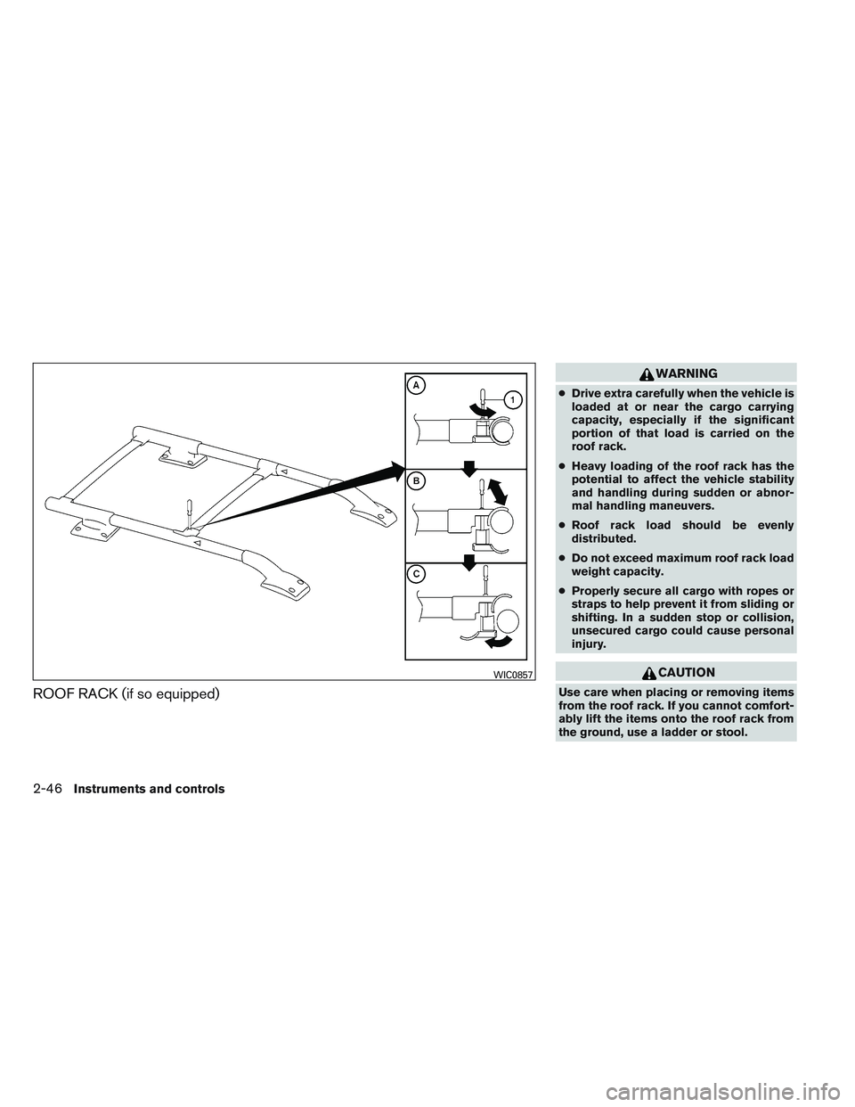 NISSAN FRONTIER 2012  Owner´s Manual ROOF RACK (if so equipped)
WARNING
●Drive extra carefully when the vehicle is
loaded at or near the cargo carrying
capacity, especially if the significant
portion of that load is carried on the
roof