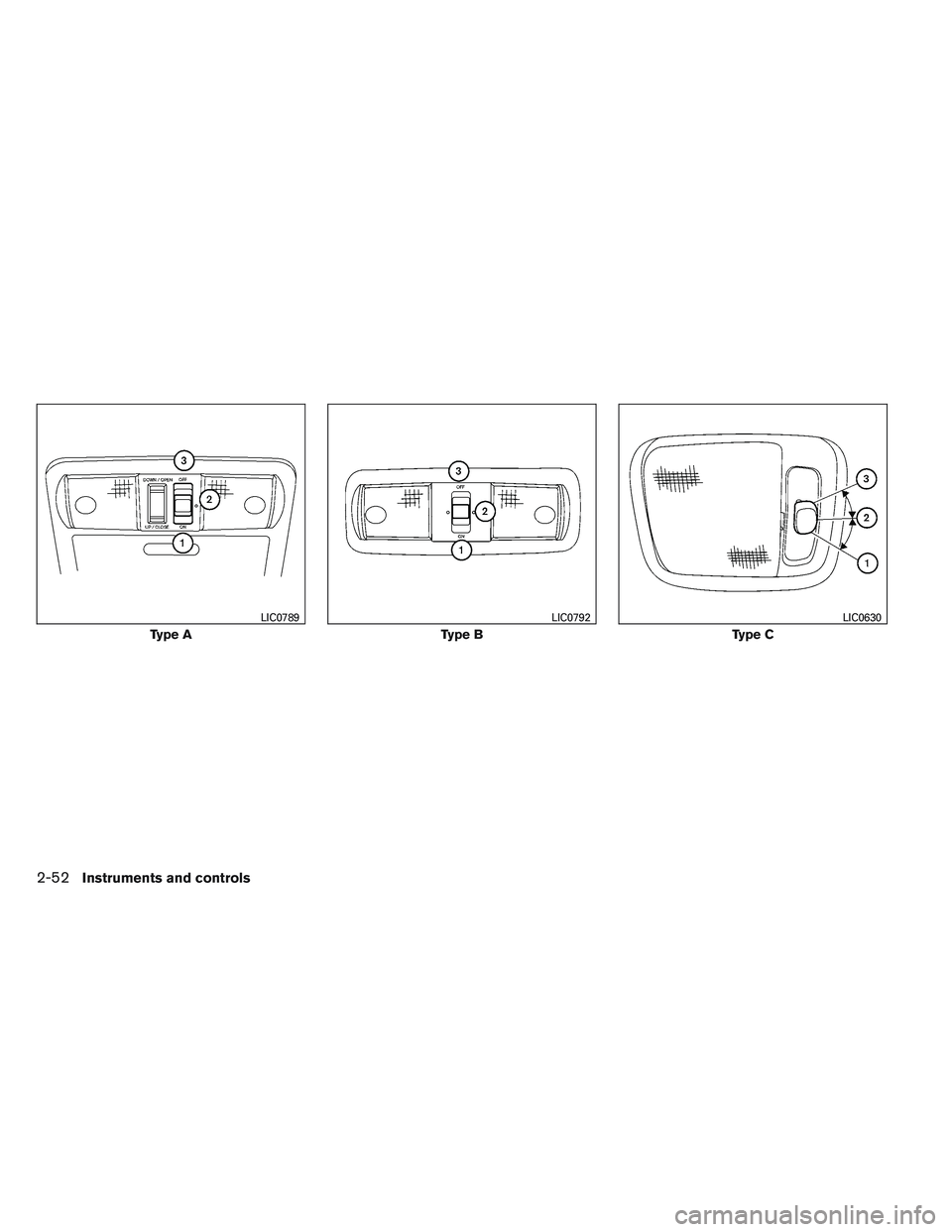 NISSAN FRONTIER 2012  Owner´s Manual Type A
LIC0789
Type B
LIC0792
Type C
LIC0630
2-52Instruments and controls 