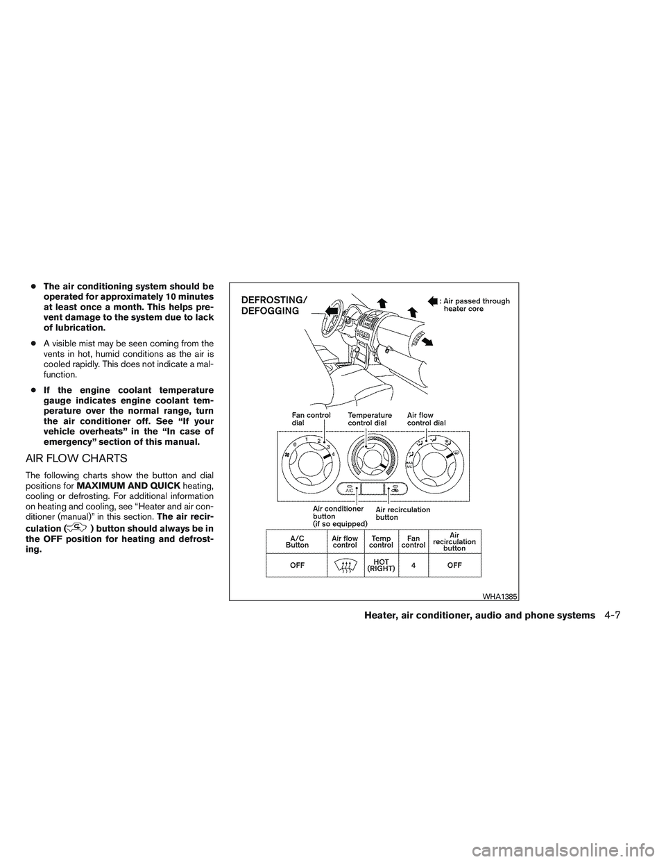 NISSAN FRONTIER 2012  Owner´s Manual ●The air conditioning system should be
operated for approximately 10 minutes
at least once a month. This helps pre-
vent damage to the system due to lack
of lubrication.
● A visible mist may be se