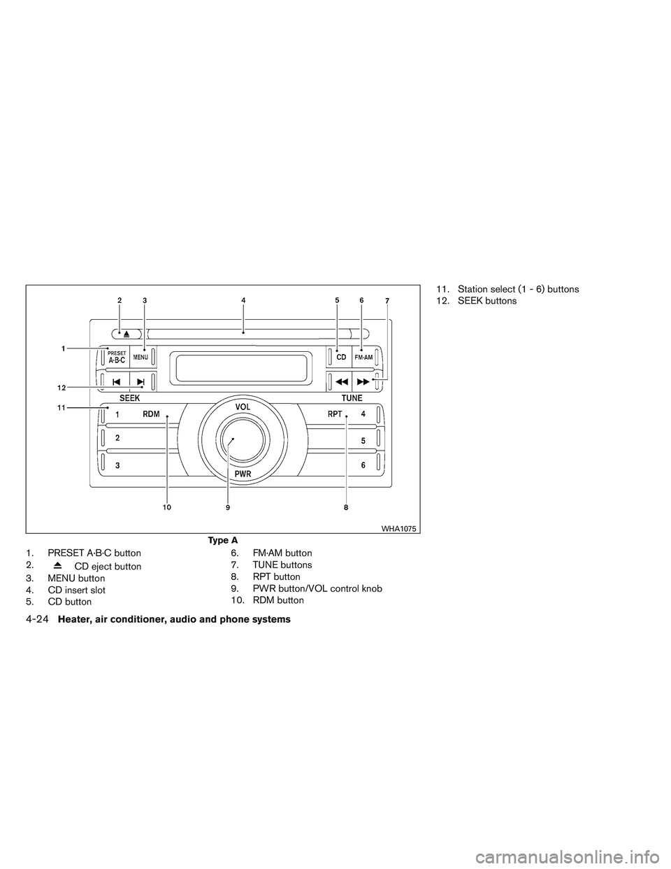 NISSAN FRONTIER 2012  Owner´s Manual 1. PRESET A·B·C button
2.
CD eject button
3. MENU button
4. CD insert slot
5. CD button 6. FM·AM button
7. TUNE buttons
8. RPT button
9. PWR button/VOL control knob
10. RDM button11. Station select