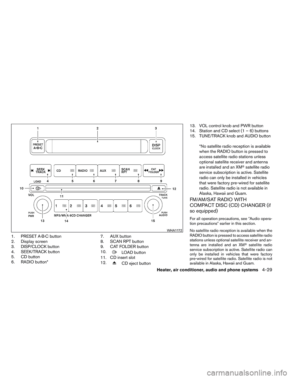 NISSAN FRONTIER 2012  Owner´s Manual 1. PRESET A·B·C button
2. Display screen
3. DISP/CLOCK button
4. SEEK/TRACK button
5. CD button
6. RADIO button*7. AUX button
8. SCAN RPT button
9. CAT FOLDER button
10.
LOAD button
11. CD insert sl