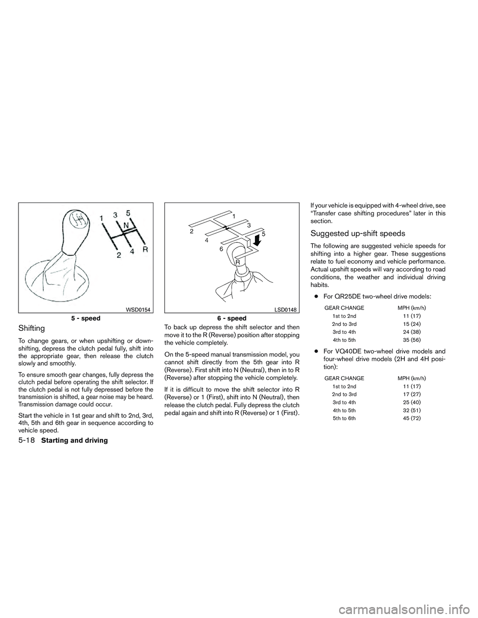 NISSAN FRONTIER 2012  Owner´s Manual Shifting
To change gears, or when upshifting or down-
shifting, depress the clutch pedal fully, shift into
the appropriate gear, then release the clutch
slowly and smoothly.
To ensure smooth gear chan