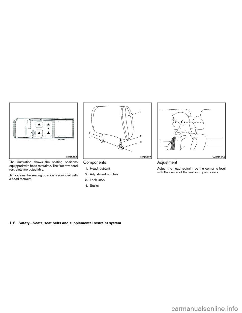 NISSAN FRONTIER 2012  Owner´s Manual The illustration shows the seating positions
equipped with head restraints. The first row head
restraints are adjustable.
Indicates the seating position is equipped with
a head restraint.Components
1