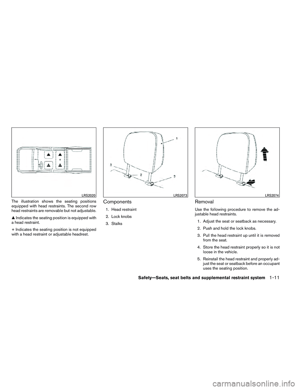 NISSAN FRONTIER 2012  Owner´s Manual The illustration shows the seating positions
equipped with head restraints. The second row
head restraints are removable but not adjustable.
Indicates the seating position is equipped with
a head res