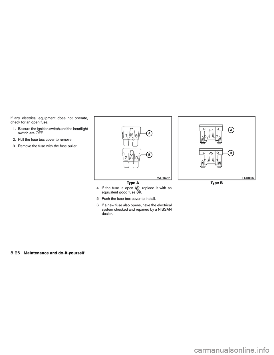 NISSAN FRONTIER 2012  Owner´s Manual If any electrical equipment does not operate,
check for an open fuse.1. Be sure the ignition switch and the headlight switch are OFF.
2. Pull the fuse box cover to remove.
3. Remove the fuse with the 