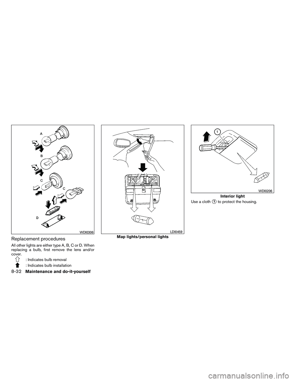 NISSAN FRONTIER 2012  Owner´s Manual Replacement procedures
All other lights are either type A, B, C or D. When
replacing a bulb, first remove the lens and/or
cover.
: Indicates bulb removal
: Indicates bulb installationUse a cloth
1to 