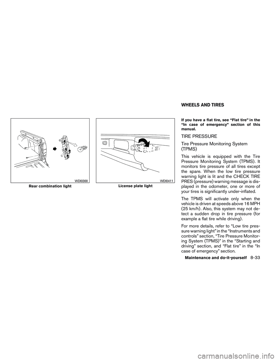 NISSAN FRONTIER 2012  Owner´s Manual If you have a flat tire, see “Flat tire” in the
“In case of emergency” section of this
manual.
TIRE PRESSURE
Tire Pressure Monitoring System
(TPMS)
This vehicle is equipped with the Tire
Press