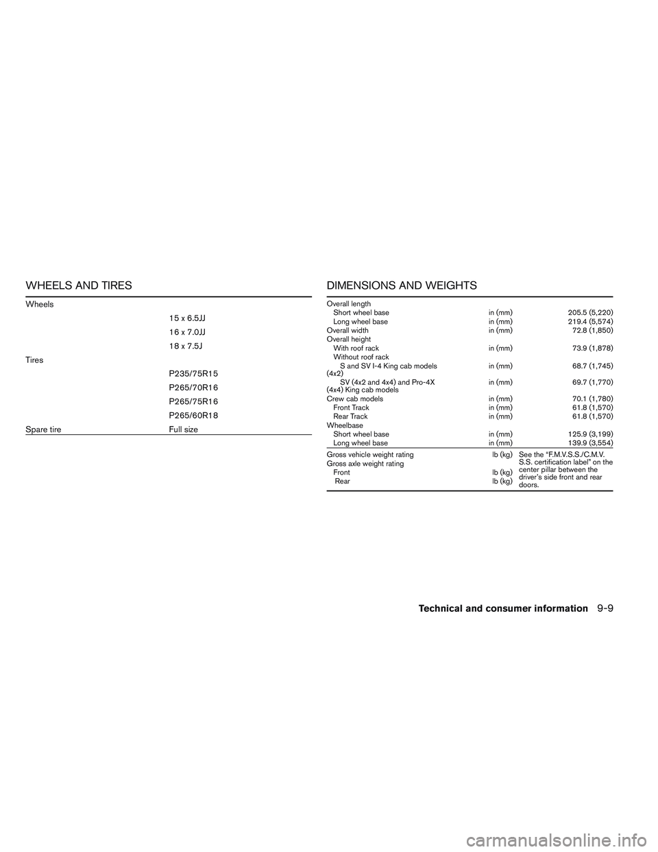 NISSAN FRONTIER 2012  Owner´s Manual WHEELS AND TIRES
Wheels15 x 6.5JJ
16 x 7.0JJ
18x7.5J
Tires P235/75R15
P265/70R16
P265/75R16
P265/60R18
Spare tire Full size
DIMENSIONS AND WEIGHTS
Overall length Short wheel base in (mm) 205.5 (5,220)