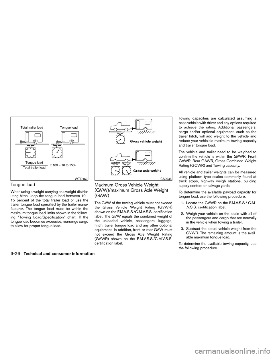 NISSAN FRONTIER 2012  Owner´s Manual Tongue load
When using a weight carrying or a weight distrib-
uting hitch, keep the tongue load between 10 -
15 percent of the total trailer load or use the
trailer tongue load specified by the traile