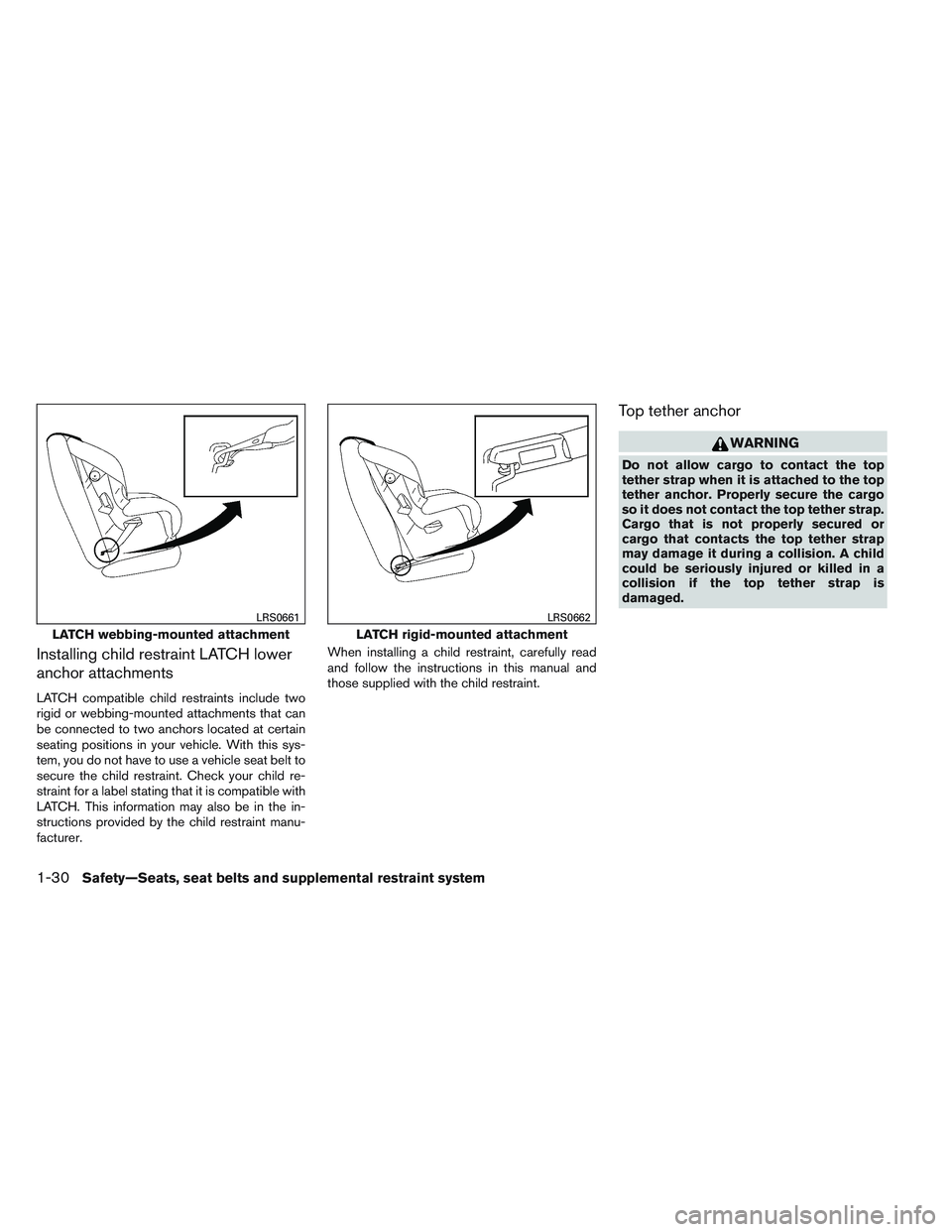 NISSAN FRONTIER 2012  Owner´s Manual Installing child restraint LATCH lower
anchor attachments
LATCH compatible child restraints include two
rigid or webbing-mounted attachments that can
be connected to two anchors located at certain
sea