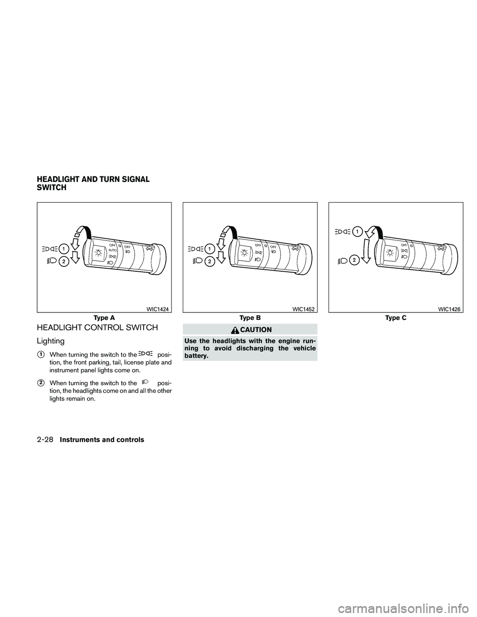 NISSAN FRONTIER 2011  Owner´s Manual HEADLIGHT CONTROL SWITCH
Lighting
1When turning the switch to theposi-
tion, the front parking, tail, license plate and
instrument panel lights come on.
2When turning the switch to theposi-
tion, th