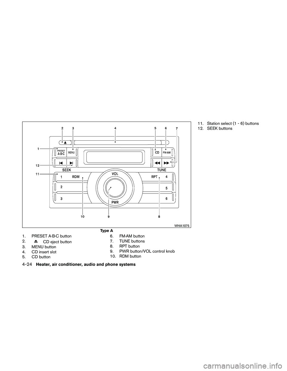 NISSAN FRONTIER 2011 Owner´s Manual 1. PRESET A·B·C button
2.
CD eject button
3. MENU button
4. CD insert slot
5. CD button 6. FM·AM button
7. TUNE buttons
8. RPT button
9. PWR button/VOL control knob
10. RDM button11. Station select NISSAN FRONTIER 2011 Owner´s Manual 1. PRESET A·B·C button
2.
CD eject button
3. MENU button
4. CD insert slot
5. CD button 6. FM·AM button
7. TUNE buttons
8. RPT button
9. PWR button/VOL control knob
10. RDM button11. Station select
