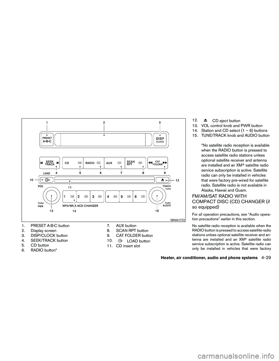 NISSAN FRONTIER 2011 Owner´s Manual 1. PRESET A·B·C button
2. Display screen
3. DISP/CLOCK button
4. SEEK/TRACK button
5. CD button
6. RADIO button*7. AUX button
8. SCAN RPT button
9. CAT FOLDER button
10.
LOAD button
11. CD insert sl NISSAN FRONTIER 2011 Owner´s Manual 1. PRESET A·B·C button
2. Display screen
3. DISP/CLOCK button
4. SEEK/TRACK button
5. CD button
6. RADIO button*7. AUX button
8. SCAN RPT button
9. CAT FOLDER button
10.
LOAD button
11. CD insert sl