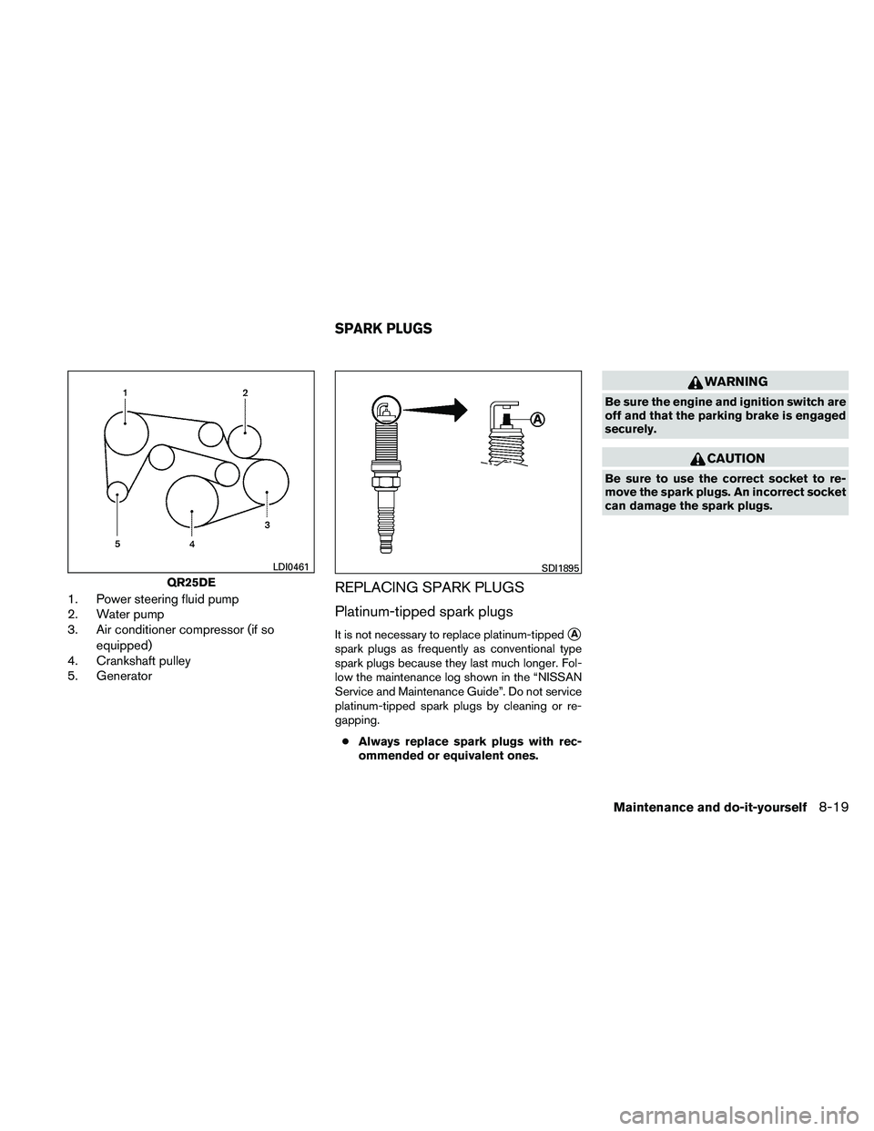 NISSAN FRONTIER 2011  Owner´s Manual 1. Power steering fluid pump
2. Water pump
3. Air conditioner compressor (if soequipped)
4. Crankshaft pulley
5. GeneratorREPLACING SPARK PLUGS
Platinum-tipped spark plugs
It is not necessary to repla