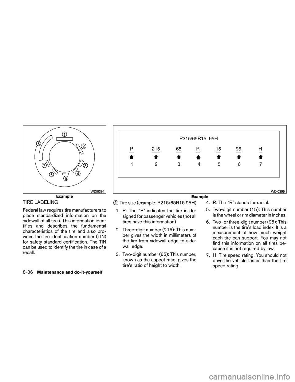 NISSAN FRONTIER 2011  Owner´s Manual TIRE LABELING
Federal law requires tire manufacturers to
place standardized information on the
sidewall of all tires. This information iden-
tifies and describes the fundamental
characteristics of the