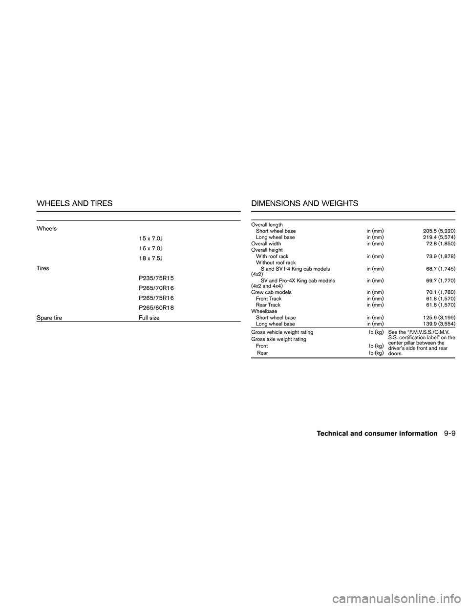 NISSAN FRONTIER 2011  Owner´s Manual WHEELS AND TIRES
Wheels15 x 7.0J
16 x 7.0J
18 x 7.5J
Tires P235/75R15
P265/70R16
P265/75R16
P265/60R18
Spare tire Full size
DIMENSIONS AND WEIGHTS
Overall length Short wheel base in (mm) 205.5 (5,220)