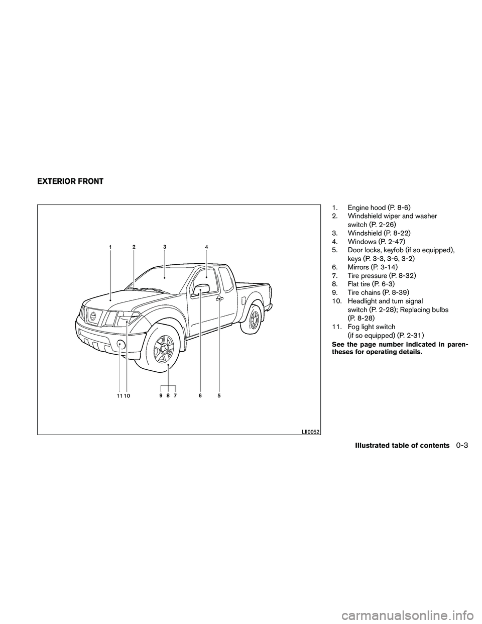 NISSAN FRONTIER 2011  Owner´s Manual 1. Engine hood (P. 8-6)
2. Windshield wiper and washerswitch (P. 2-26)
3. Windshield (P. 8-22)
4. Windows (P. 2-47)
5. Door locks, keyfob (if so equipped) ,
keys (P. 3-3, 3-6, 3-2)
6. Mirrors (P. 3-14