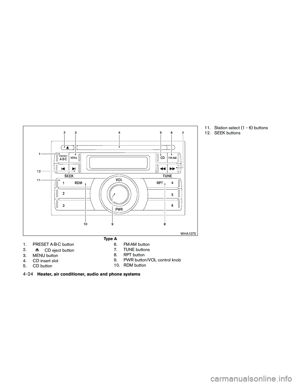 NISSAN FRONTIER 2010  Owner´s Manual 1. PRESET A·B·C button
2.
CD eject button
3. MENU button
4. CD insert slot
5. CD button6. FM·AM button
7. TUNE buttons
8. RPT button
9. PWR button/VOL control knob
10. RDM button11. Station select 