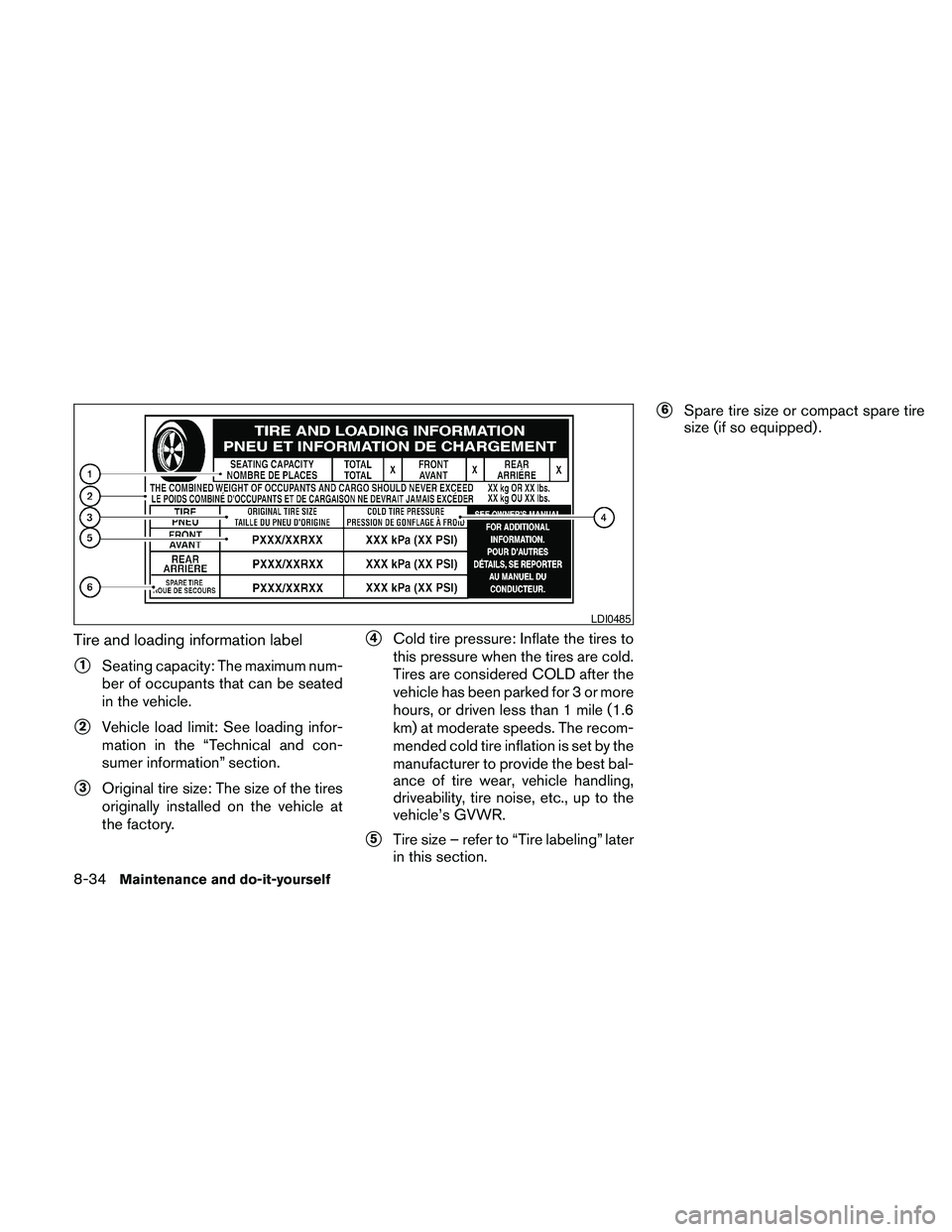 NISSAN FRONTIER 2010 Owner´s Manual Tire and loading information label
s1Seating capacity: The maximum num-
ber of occupants that can be seated
in the vehicle.
s2Vehicle load limit: See loading infor-
mation in the “Technical and con- NISSAN FRONTIER 2010 Owner´s Manual Tire and loading information label
s1Seating capacity: The maximum num-
ber of occupants that can be seated
in the vehicle.
s2Vehicle load limit: See loading infor-
mation in the “Technical and con-