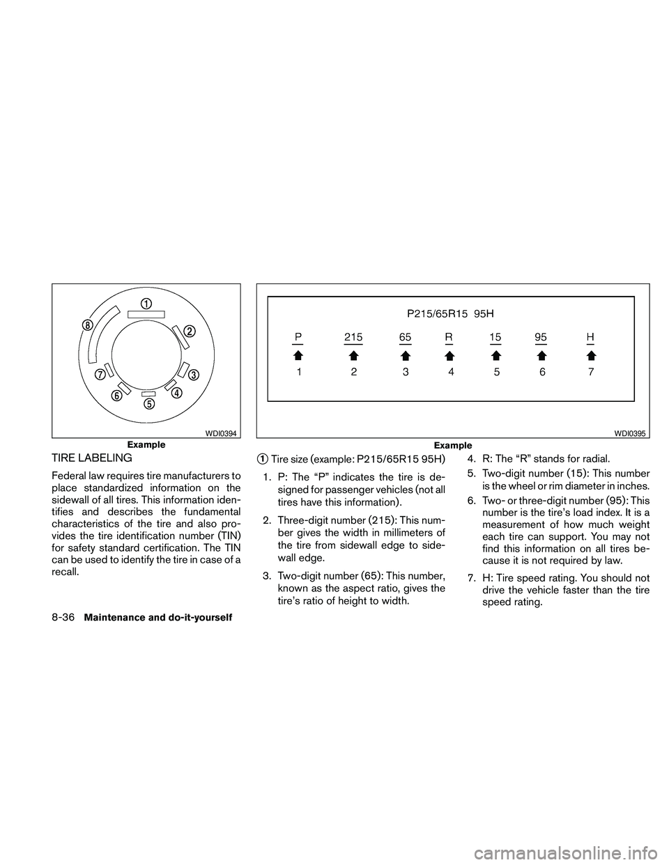 NISSAN FRONTIER 2010 Owner´s Manual TIRE LABELING
Federal law requires tire manufacturers to
place standardized information on the
sidewall of all tires. This information iden-
tifies and describes the fundamental
characteristics of the NISSAN FRONTIER 2010 Owner´s Manual TIRE LABELING
Federal law requires tire manufacturers to
place standardized information on the
sidewall of all tires. This information iden-
tifies and describes the fundamental
characteristics of the