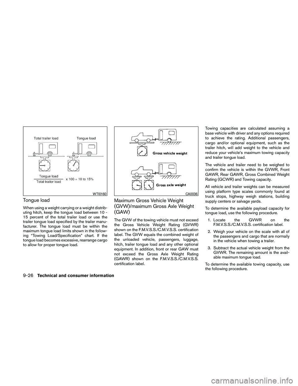 NISSAN FRONTIER 2010  Owner´s Manual Tongue load
When using a weight carrying or a weight distrib-
uting hitch, keep the tongue load between 10 -
15 percent of the total trailer load or use the
trailer tongue load specified by the traile