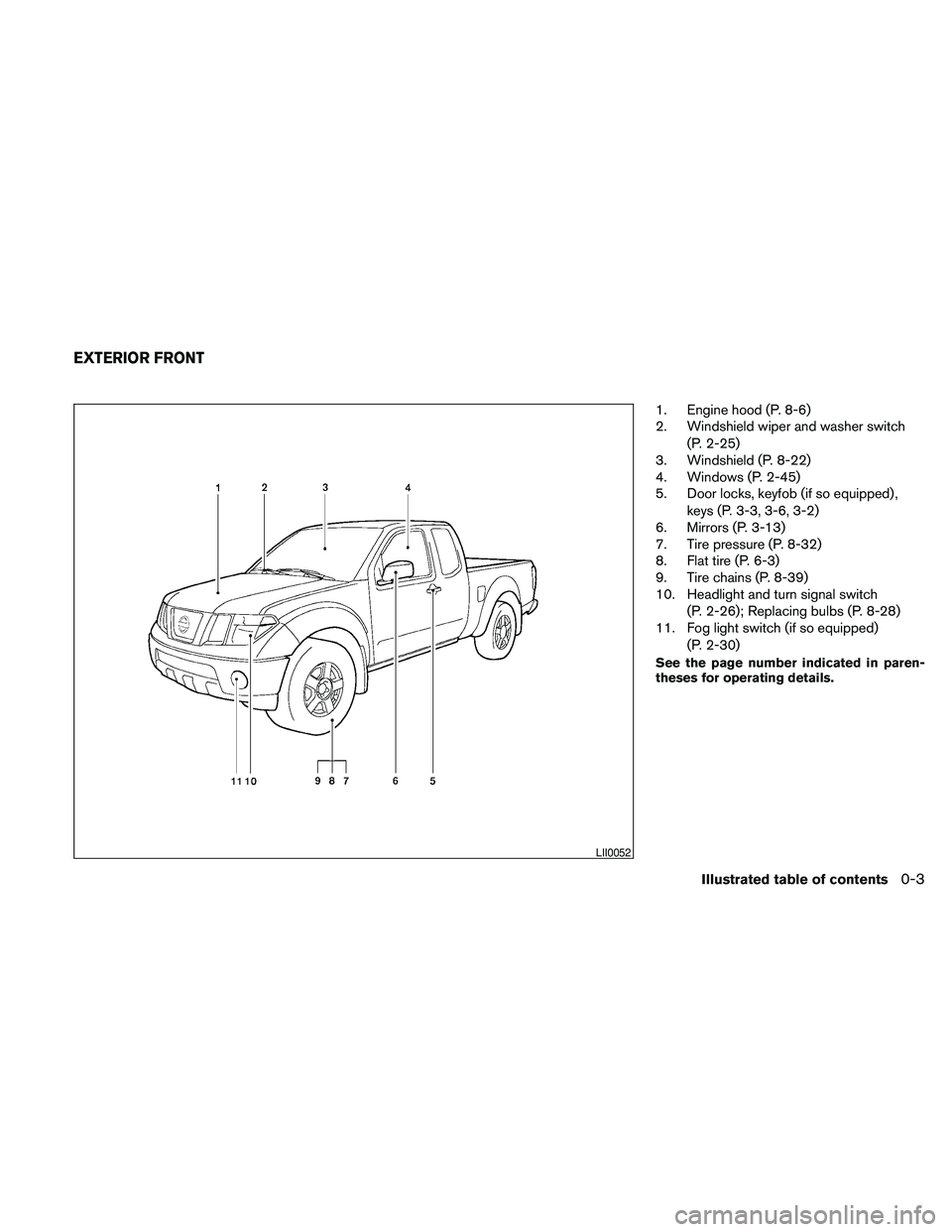 NISSAN FRONTIER 2010  Owner´s Manual 1. Engine hood (P. 8-6)
2. Windshield wiper and washer switch
(P. 2-25)
3. Windshield (P. 8-22)
4. Windows (P. 2-45)
5. Door locks, keyfob (if so equipped) ,
keys (P. 3-3, 3-6, 3-2)
6. Mirrors (P. 3-1