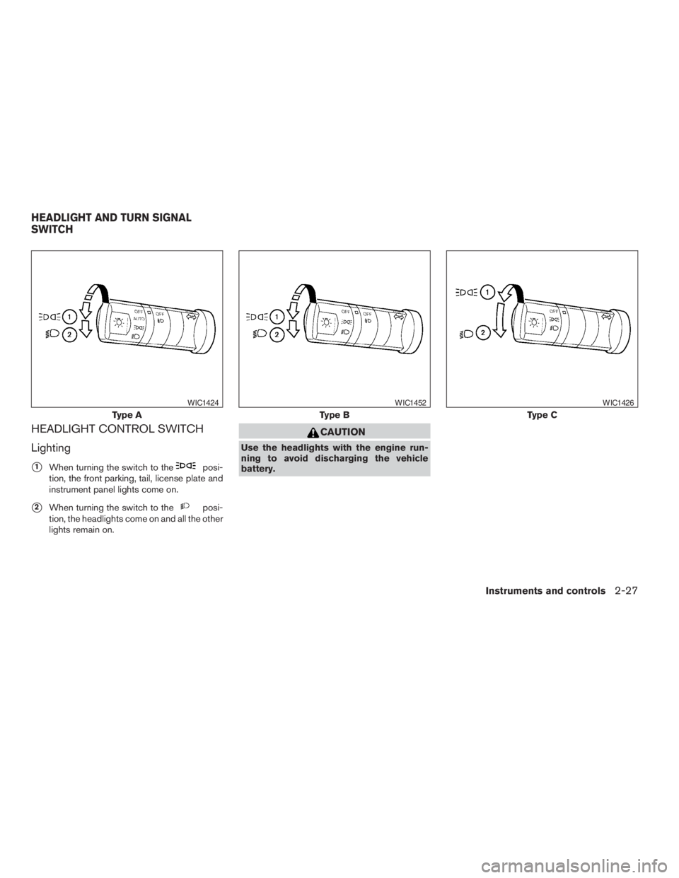 NISSAN FRONTIER 2009  Owner´s Manual HEADLIGHT CONTROL SWITCH
Lighting
s1When turning the switch to theposi-
tion, the front parking, tail, license plate and
instrument panel lights come on.
s2When turning the switch to theposi-
tion, th