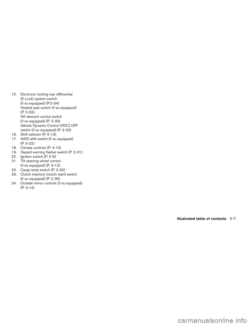 NISSAN FRONTIER 2009  Owner´s Manual 15. Electronic locking rear differential
(E-Lock) system switch
(if so equipped) (P.2-34)
Heated seat switch (if so equipped)
(P. 2-32)
Hill descent control switch
(if so equipped) (P. 2-33)
Vehicle D