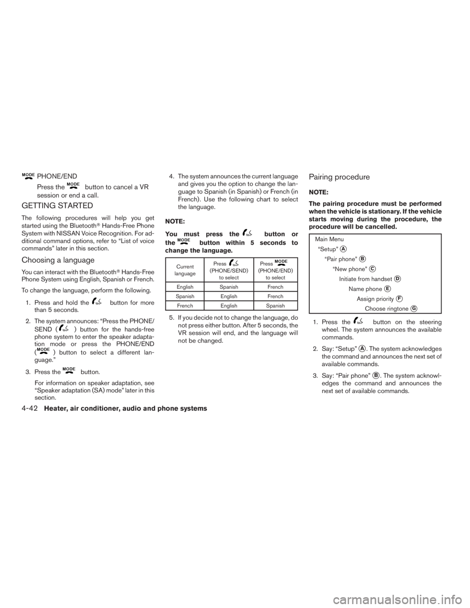 NISSAN FRONTIER 2009  Owner´s Manual PHONE/END
Press the
button to cancel a VR
session or end a call.
GETTING STARTED
The following procedures will help you get
started using the BluetoothTHands-Free Phone
System with NISSAN Voice Recogn