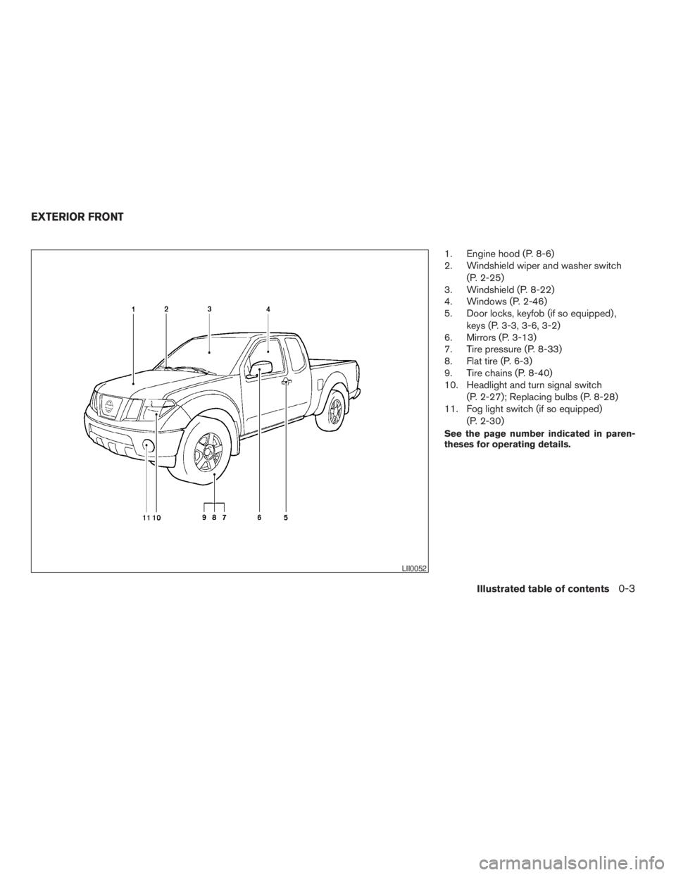NISSAN FRONTIER 2009  Owner´s Manual 1. Engine hood (P. 8-6)
2. Windshield wiper and washer switch
(P. 2-25)
3. Windshield (P. 8-22)
4. Windows (P. 2-46)
5. Door locks, keyfob (if so equipped) ,
keys (P. 3-3, 3-6, 3-2)
6. Mirrors (P. 3-1