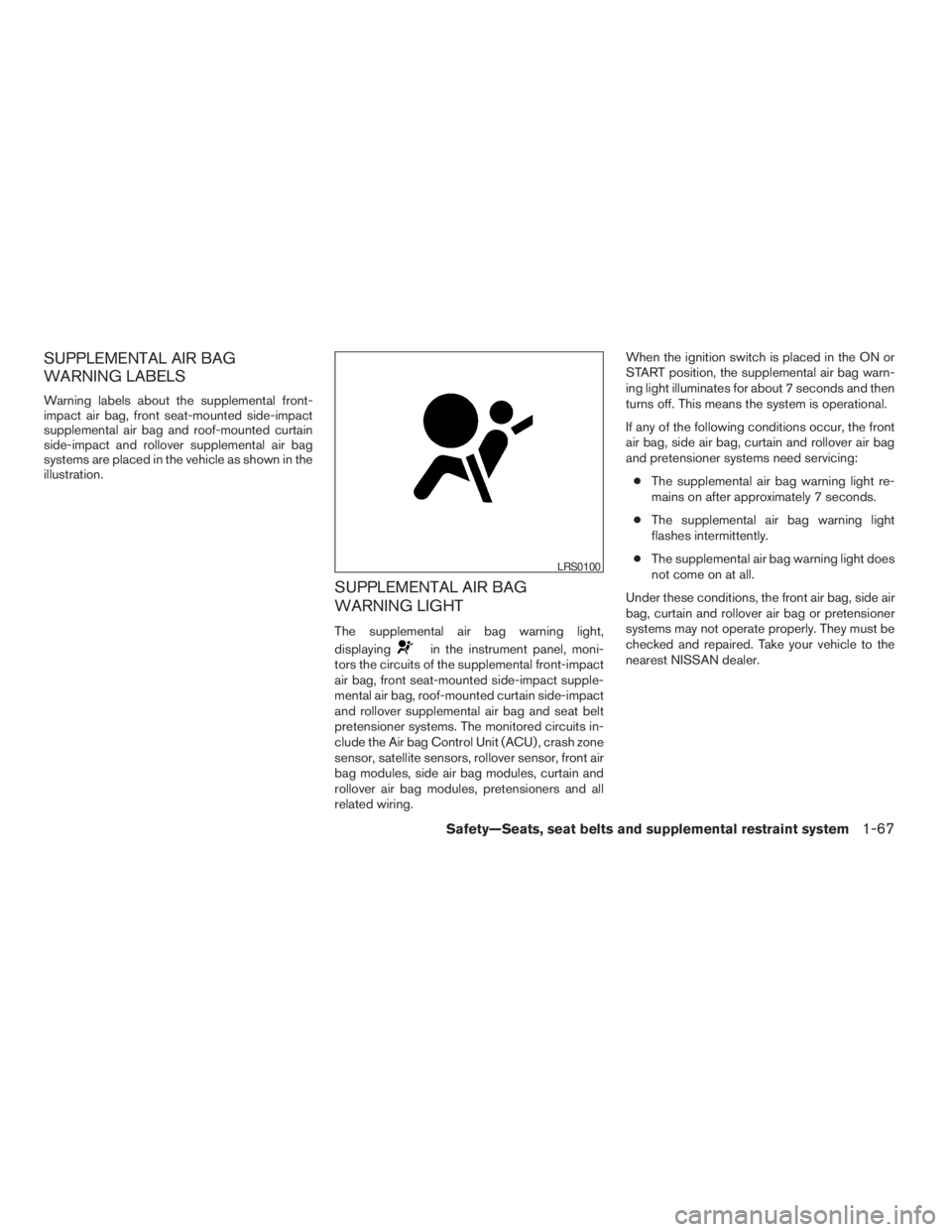 NISSAN FRONTIER 2009 Owner´s Manual SUPPLEMENTAL AIR BAG
WARNING LABELS
Warning labels about the supplemental front-
impact air bag, front seat-mounted side-impact
supplemental air bag and roof-mounted curtain
side-impact and rollover s NISSAN FRONTIER 2009 Owner´s Manual SUPPLEMENTAL AIR BAG
WARNING LABELS
Warning labels about the supplemental front-
impact air bag, front seat-mounted side-impact
supplemental air bag and roof-mounted curtain
side-impact and rollover s