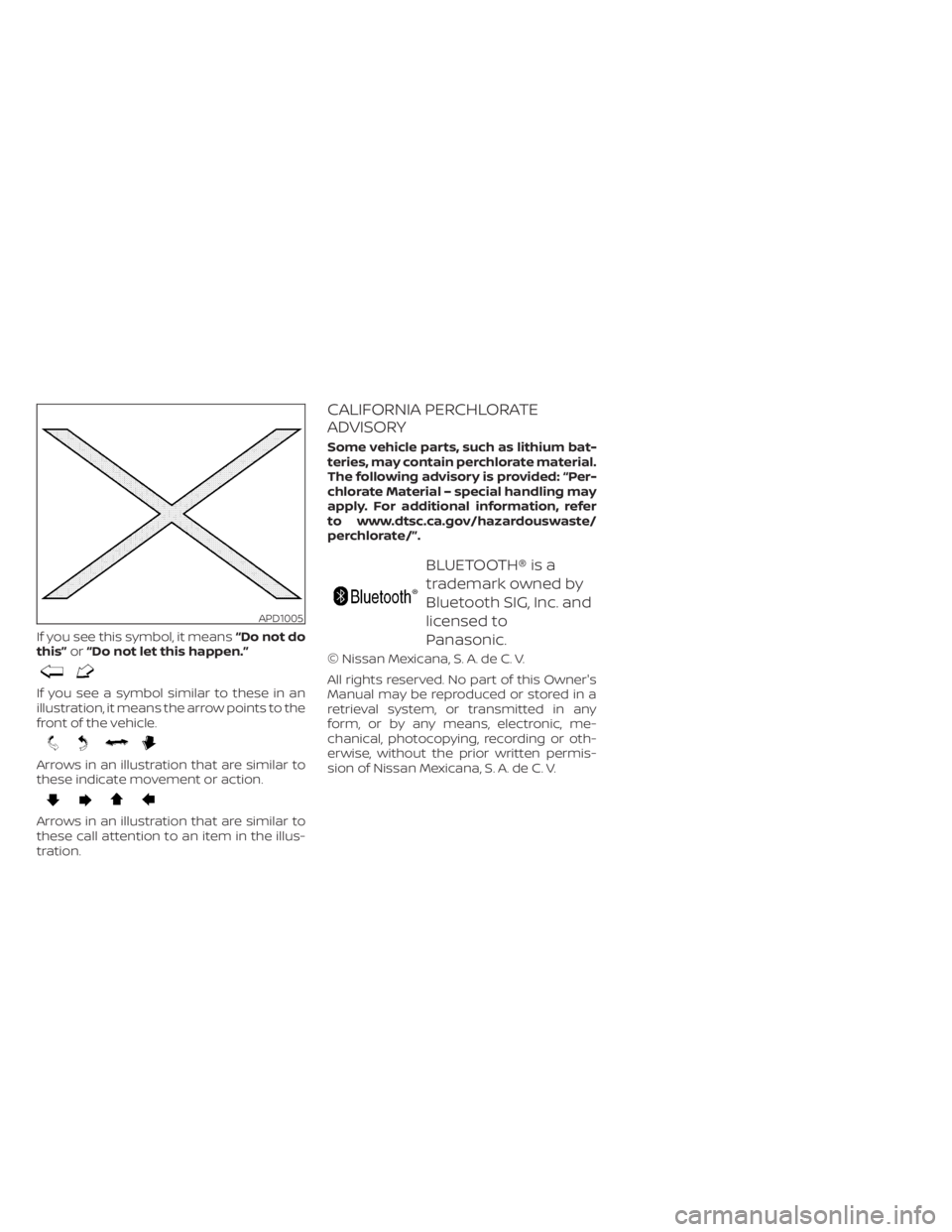 NISSAN KICKS 2020  Owner´s Manual If you see this symbol, it means“Do not do
this” or“Do not let this happen.”
If you see a symbol similar to these in an
illustration, it means the arrow points to the
front of the vehicle.
Arr