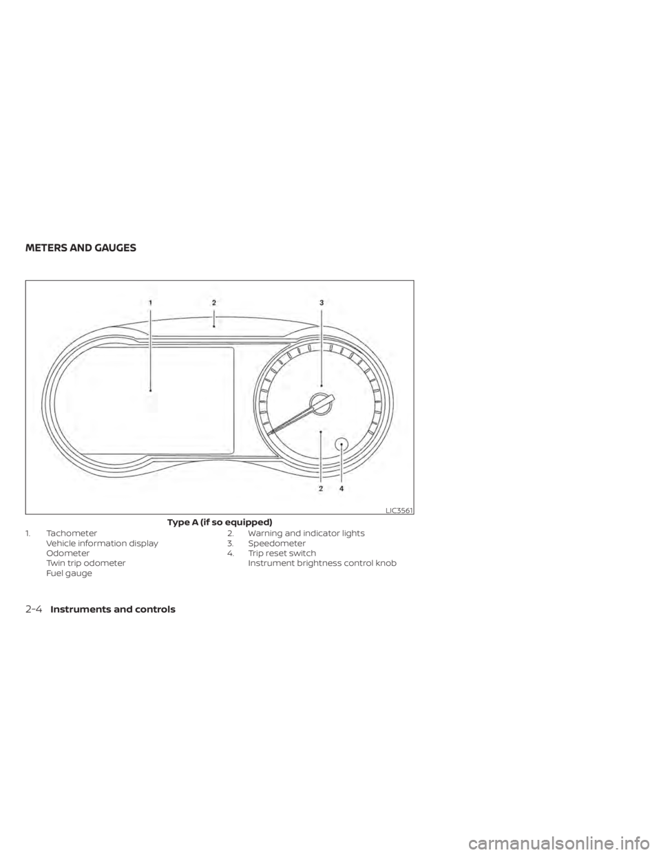 NISSAN KICKS 2020  Owner´s Manual 1. TachometerVehicle information display
Odometer
Twin trip odometer
Fuel gauge 2. Warning and indicator lights
3. Speedometer
4. Trip reset switch
Instrument brightness control knob
LIC3561
Type A (i