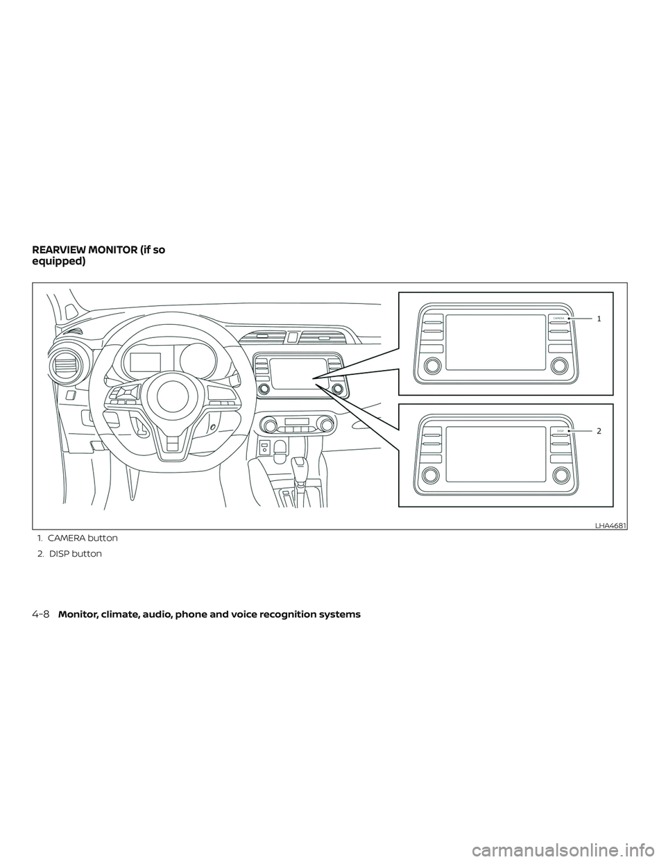 NISSAN KICKS 2019  Owner´s Manual 1. CAMERA button
2. DISP button
LHA4681
REARVIEW MONITOR (if so
equipped)
4-8Monitor, climate, audio, phone and voice recognition systems 