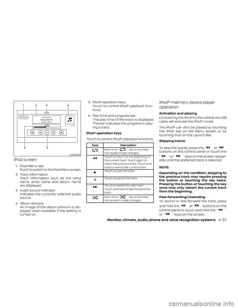 NISSAN KICKS 2019 Owner´s Manual iPod screen
1. “iPod Menu” keyTouch to switch to the iPod Menu screen.
2. Track informationTrack information such as the song
name, artist name and album name
are displayed.
3. Audio source indica NISSAN KICKS 2019 Owner´s Manual iPod screen
1. “iPod Menu” keyTouch to switch to the iPod Menu screen.
2. Track informationTrack information such as the song
name, artist name and album name
are displayed.
3. Audio source indica