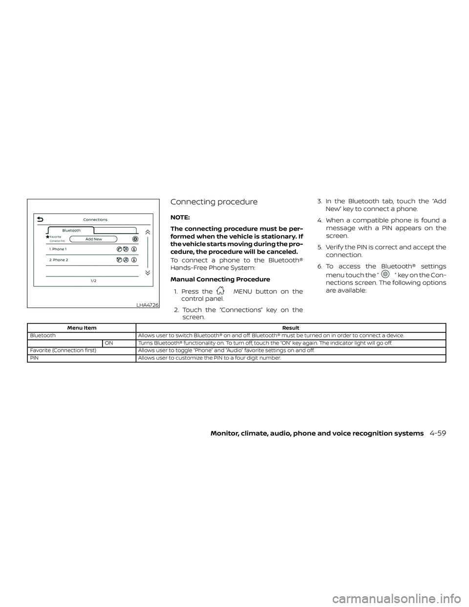 NISSAN KICKS 2019 Owner´s Manual Connecting procedure
NOTE:
The connecting procedure must be per-
formed when the vehicle is stationary. If
the vehicle starts moving during the pro-
cedure, the procedure will be canceled.
To connect NISSAN KICKS 2019 Owner´s Manual Connecting procedure
NOTE:
The connecting procedure must be per-
formed when the vehicle is stationary. If
the vehicle starts moving during the pro-
cedure, the procedure will be canceled.
To connect