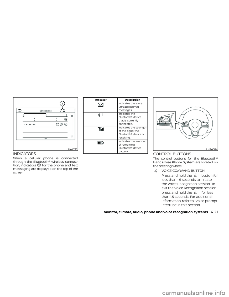 NISSAN KICKS 2019  Owner´s Manual INDICATORS
When a cellular phone is connected
through the Bluetooth® wireless connec-
tion, indicators
1for the phone and text
messaging are displayed on the top of the
screen.
Indicator Description