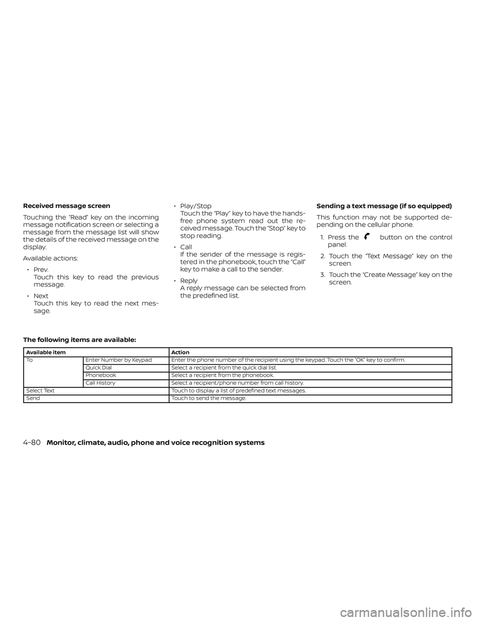NISSAN KICKS 2019  Owner´s Manual Received message screen
Touching the “Read” key on the incoming
message notification screen or selecting a
message from the message list will show
the details of the received message on the
displa