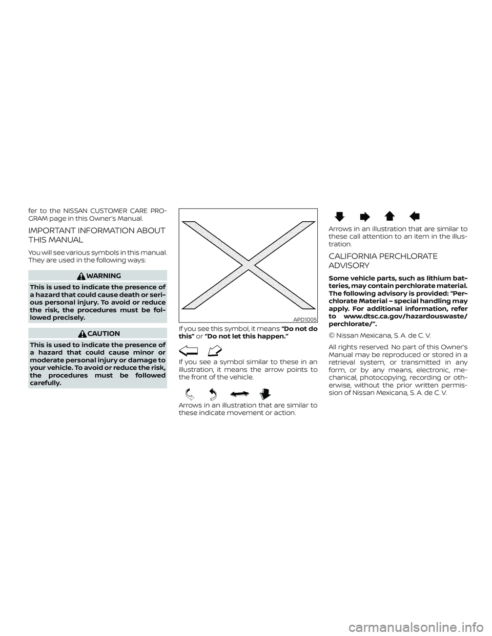 NISSAN KICKS 2019  Owner´s Manual fer to the NISSAN CUSTOMER CARE PRO-
GRAM page in this Owner’s Manual.
IMPORTANT INFORMATION ABOUT
THIS MANUAL
You will see various symbols in this manual.
They are used in the following ways:
WARNI