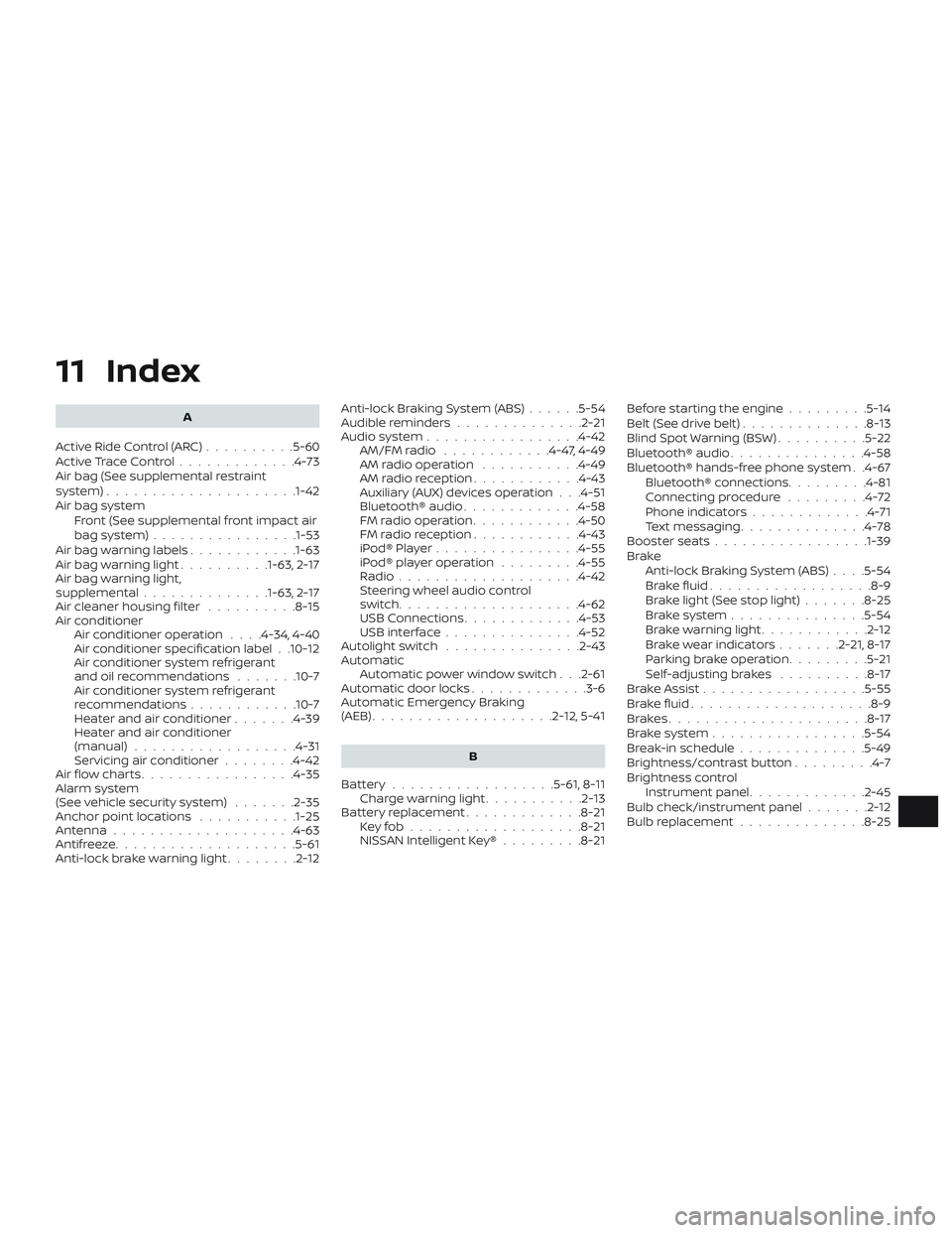 NISSAN KICKS 2019  Owner´s Manual 11 Index
A
ActiveRideControl(ARC)..........5-60
ActiveTraceControl.............4-73
Air bag (See supplemental restraint
system) .................... .1-42
Air bag system Front (See supplemental front 
