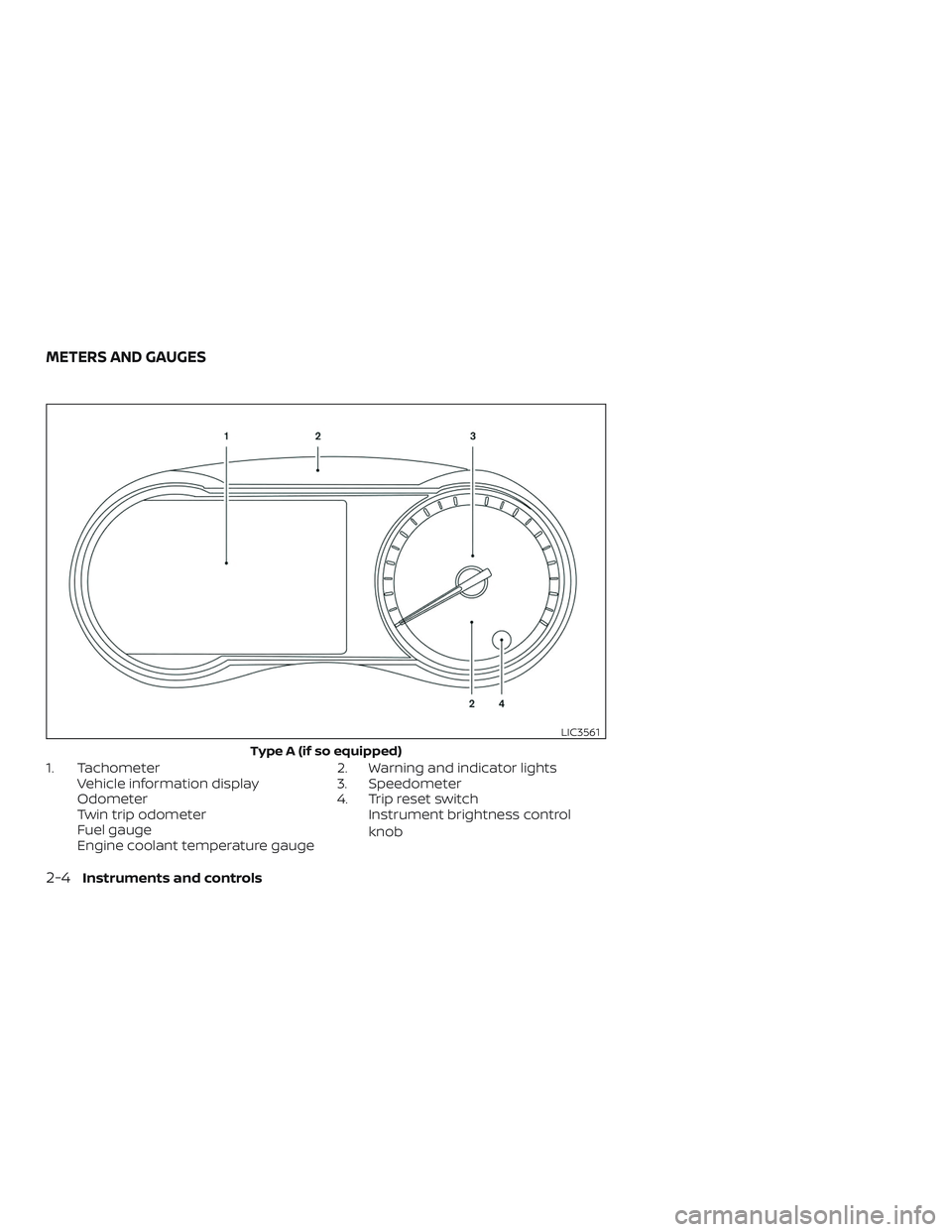 NISSAN KICKS 2019  Owner´s Manual 1. TachometerVehicle information display
Odometer
Twin trip odometer
Fuel gauge
Engine coolant temperature gauge 2. Warning and indicator lights
3. Speedometer
4. Trip reset switch
Instrument brightne