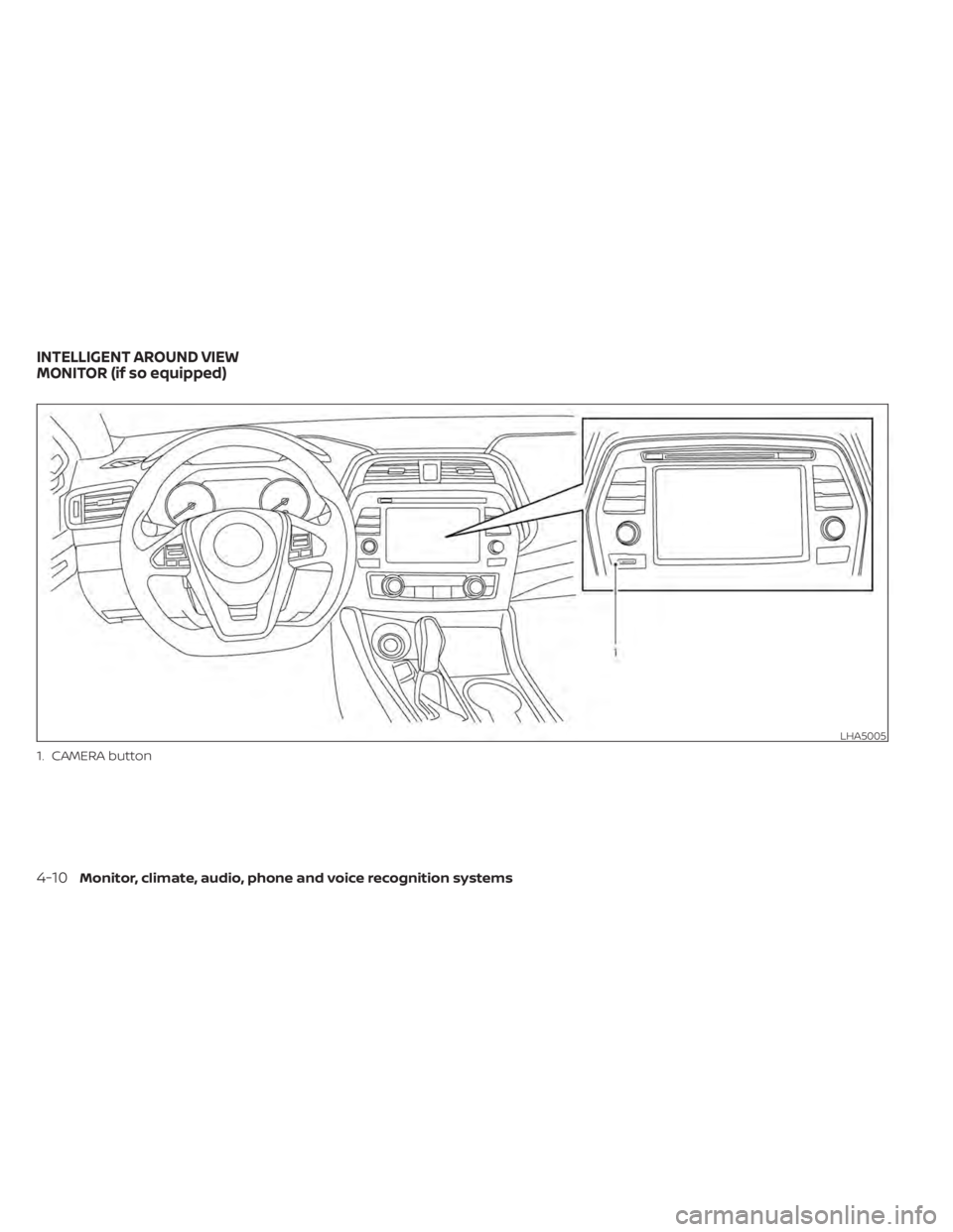 NISSAN MAXIMA 2021 Owner´s Manual 1. CAMERA button
LHA5005
INTELLIGENT AROUND VIEW
MONITOR (if so equipped)
4-10Monitor, climate, audio, phone and voice recognition systems NISSAN MAXIMA 2021 Owner´s Manual 1. CAMERA button
LHA5005
INTELLIGENT AROUND VIEW
MONITOR (if so equipped)
4-10Monitor, climate, audio, phone and voice recognition systems