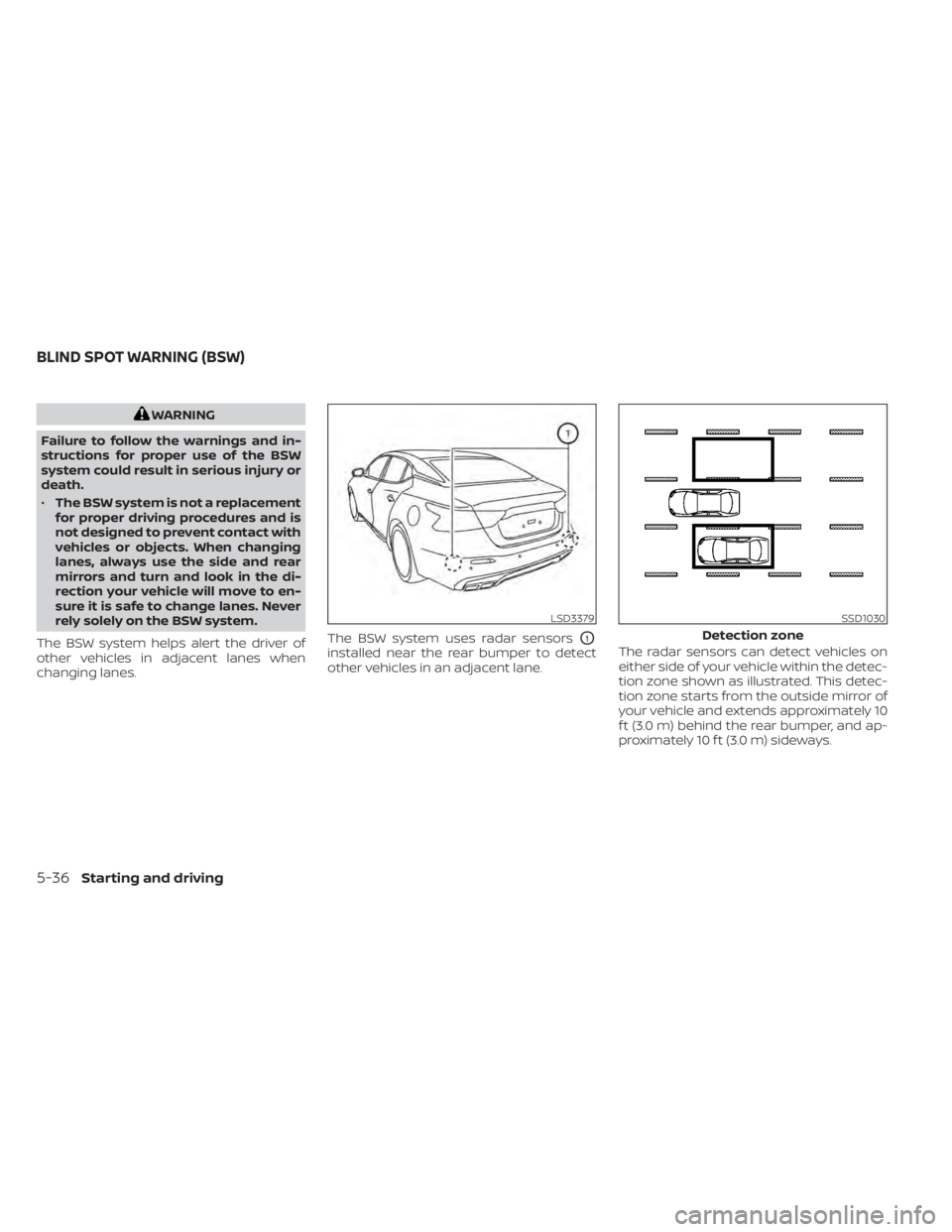 NISSAN MAXIMA 2021 Owner´s Manual WARNING
Failure to follow the warnings and in-
structions for proper use of the BSW
system could result in serious injury or
death.
• The BSW system is not a replacement
for proper driving procedure NISSAN MAXIMA 2021 Owner´s Manual WARNING
Failure to follow the warnings and in-
structions for proper use of the BSW
system could result in serious injury or
death.
• The BSW system is not a replacement
for proper driving procedure